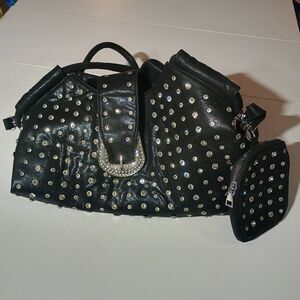 Black Studded Satchel Handbag Rhinestone Shoulder Bag Y2K Glam Purse